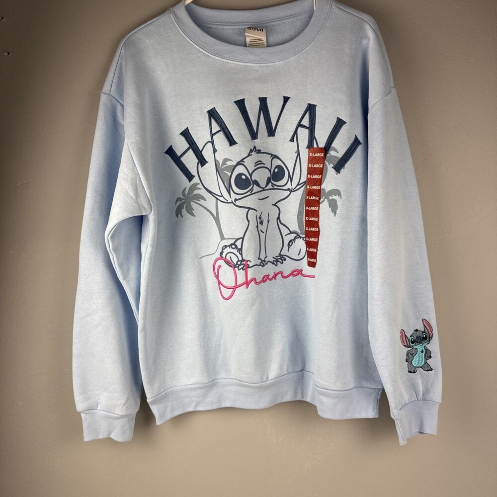 Disney Sweatshirt Womens XL Stitch Blue Hawaii Ohana Embroidered Crew Neck